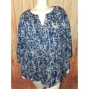 Notations Multicolor Geometric 3/4 Roll Tab Sleeve V-neck Blouse Sz 2X